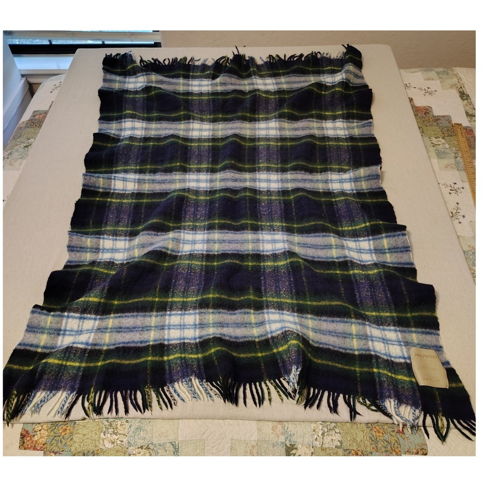 Zoeppritz Lambswool Throw Blanket Blue Green Plaid Fringed Made in Germany 52x34